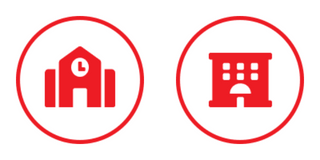 School icon and multi-family housing icon