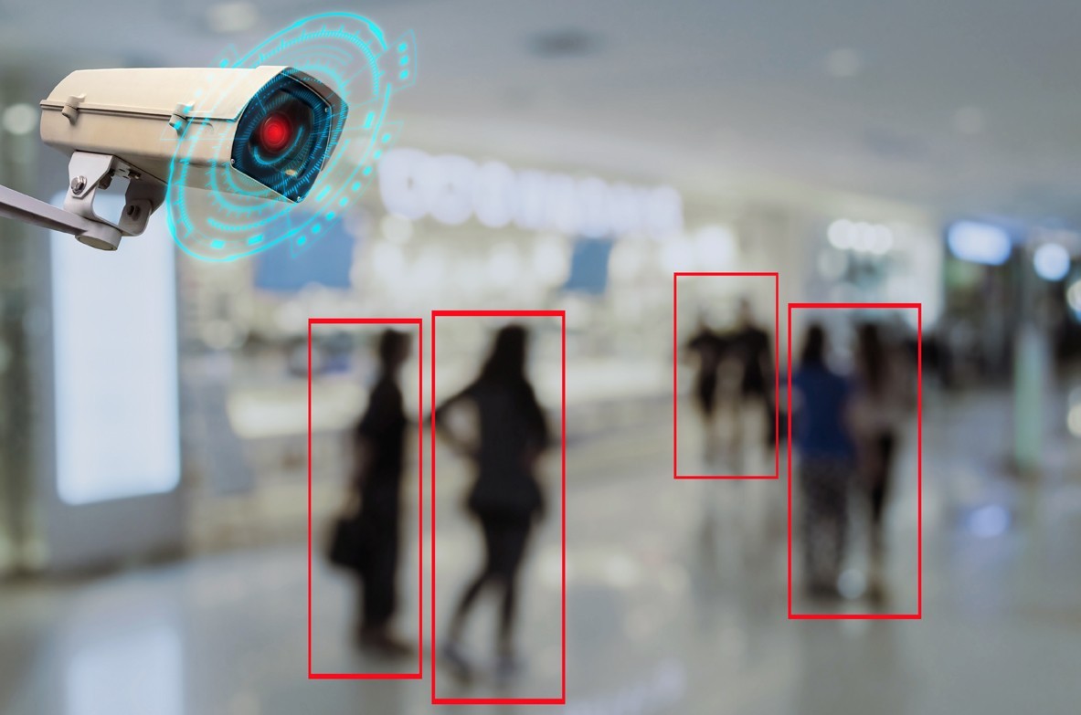IOT CCTV, security indoor camera motion detection system operating with people shopping at shopping mall, cctv solution management system, surveillance security, safety intelligent technology concept