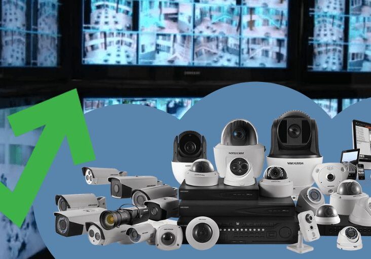 A video surveillance room filled with video security system cameras and equipment and an arrow showing an upward trend